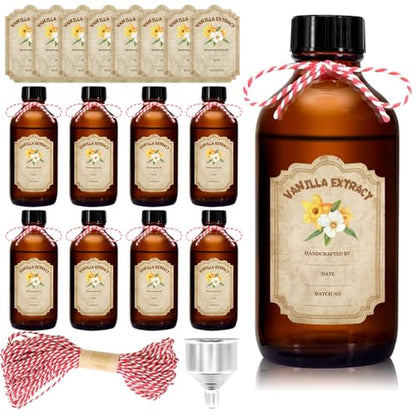 8 Pack 4 Ounce Amber Glass Bottle with Lids Vanilla Extract Homemade Brown Bottle 4 oz and 8 Pcs Vanilla Extract Stickers for Syrup Gift Glass Food Storage Canister Set Sauce Beans - color: Amber 8pcs 4oz