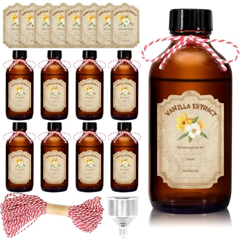 8 Pack 8 Ounce Amber Glass Bottle with Lids Vanilla Extract Homemade Brown Bottle 8 oz and 8 Pcs Vanilla Extract Stickers for Syrup Gift Glass Food Storage Canister Set Sauce Beans - color: Amber 8pcs 8oz