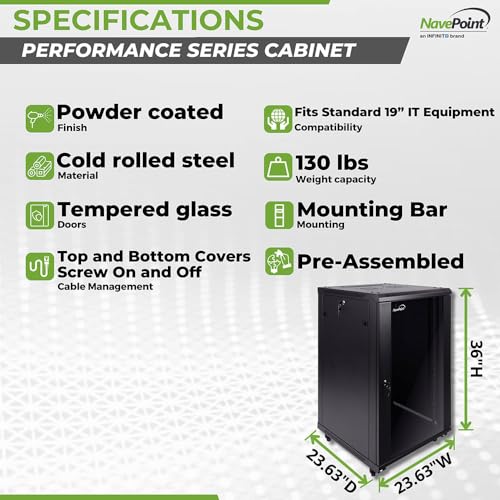 NavePoint 18U Server Cabinet Wall Mount Rack Enclosure with Caster Wheels, 2 Fans, Locking Glass Door, Removable Side Panels – 18U Network Cabinet 23.6” Deep, 19” Server Rack for IT Equipment - size: 18U - 600mm Depth