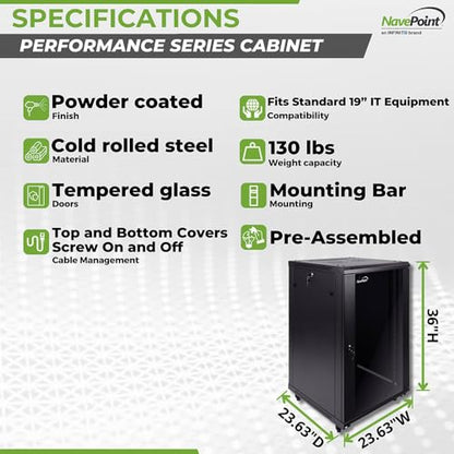 NavePoint 18U Server Cabinet Wall Mount Rack Enclosure with Caster Wheels, 2 Fans, Locking Glass Door, Removable Side Panels – 18U Network Cabinet 23.6” Deep, 19” Server Rack for IT Equipment - size: 18U - 600mm Depth