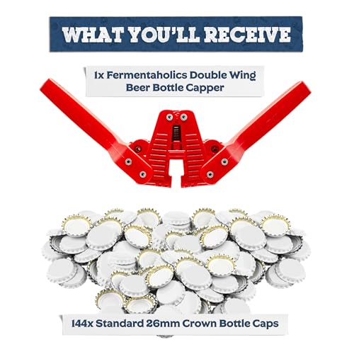 Fermentaholics Beer Bottle Capper & Lid Set – Double Wing Manual Capping Tool with 144 Crown Caps – Fits Standard 12 oz & Homebrew Beer Bottles (Capper & Lid Set -144 White Crown Caps) - size: Capper & Lid Set -144 White Crown Caps