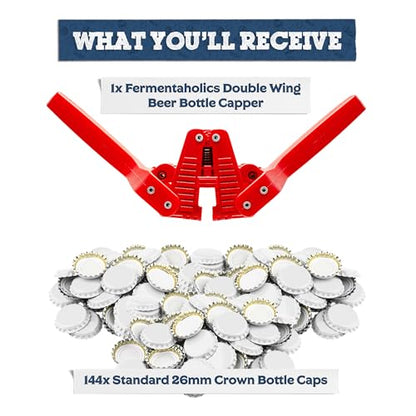 Fermentaholics Beer Bottle Capper & Lid Set – Double Wing Manual Capping Tool with 144 Crown Caps – Fits Standard 12 oz & Homebrew Beer Bottles (Capper & Lid Set -144 White Crown Caps) - size: Capper & Lid Set -144 White Crown Caps