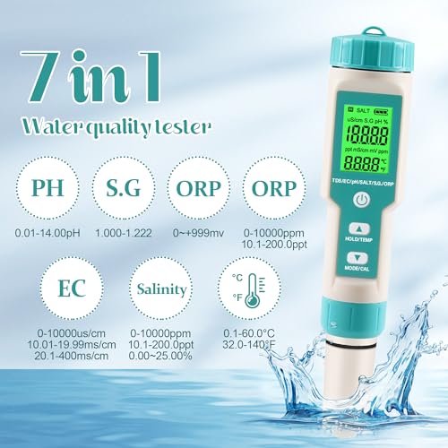 pH Meter for Water 7 in 1 PH/TDS/EC/Salt/S.G/ORP/Temp Meter,pH Tester Digital Backlit Waterproof LCD,TDS Meter EC Meter PPM Meter Suitable for Pools, Drinking Water, Aquariums, Hydroponic Cooking. - size: 7-1