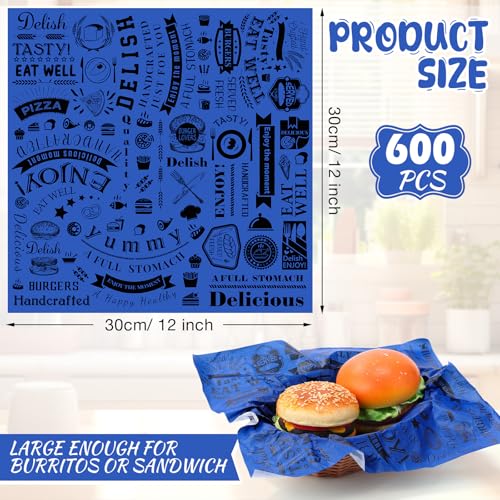 Outus 600 Pcs 12 x 12 Inch Deli Wax Paper Sheets Grease Resistant Tray Basket Liners Newsprint Paper Water and Grease Proof Sandwich Wrapping Square Hot Dog Wrapper for Food Baking (Blue) - color: Blue
