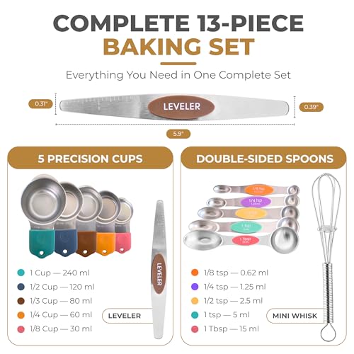 DIYORA Magnetic Measuring Cups and Spoons Set, 13-Piece 304 Stainless Steel Measuring Set with Leveler, Mini Whisk, Conversion Chart, Double-Sided Spoons for Baking and Cooking