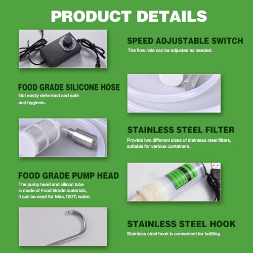 Food Grade Electric Water Transfer Pump With Speed Adjustable 110V for Ice Maker,Coffee Machine and Water Cooling,Auto Siphon Self Priming Pump for Bottling Wine,Beer and Kombucha,2L/Min,Low Noise