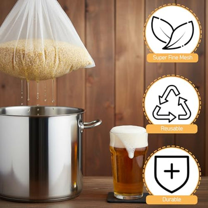 12 Pack Brew Bags, Reusable Extra Large 26x22 Inch Fine Mesh Strainer Drawstring Bags for Fruit Cider Apple Grape, Cold Brew, Wine, Beer, White