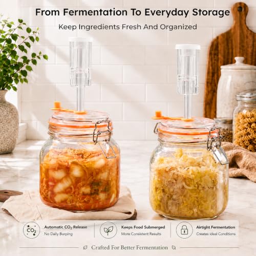 1L Wide Mouth Fermentation Jars, Pack of 2 Complete Fermenting Kit with Airlocks & Glass Weights for Sauerkraut, Kimchi & Pickles - size: 1 Liter