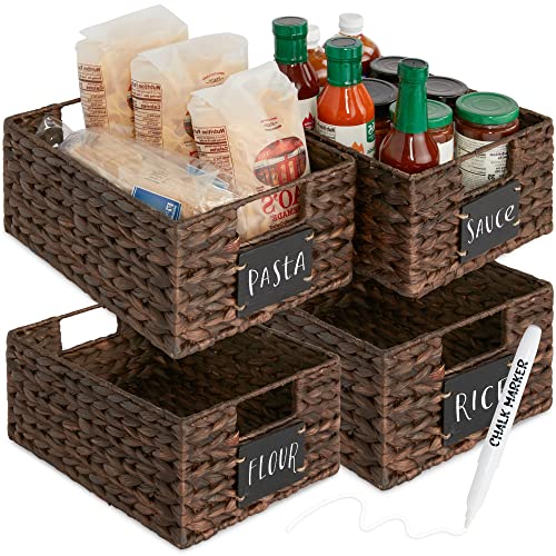 Best Choice Products 22.9 x 30.5cm(9 x 12인치) 워터 히아신스 식료품 저장실 바구니 4개 세트, 칠판 라벨이 있는 우븐 오거나이저, 초크 마커 - 브라운 - color: 브라운., size: 9x12x5in