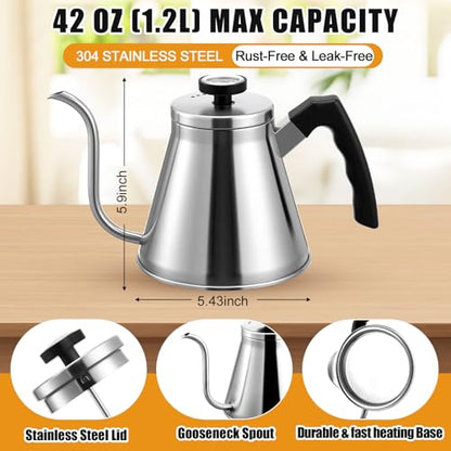 2 Pack 40 oz Gooseneck Kettle with Thermometer Stainless Steel Pour over Coffee Kettle Precision Drip Spout for Stovetop Home Kitchen Camping(Silver) - color: Sliver