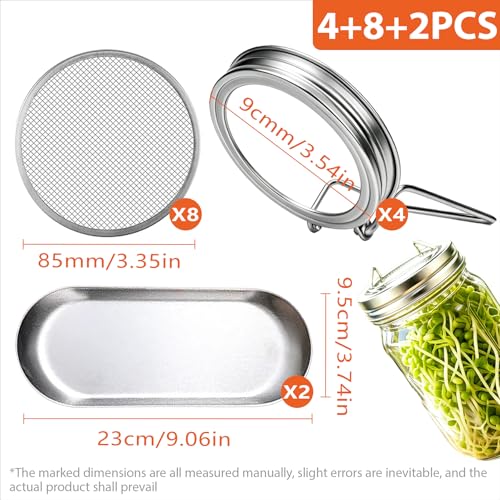 4 Pack Wide Mouth Mason Jar Sprouting Lids, 316 Stainless Steel, 8 Filters | Lids with Built-In Stand, Detachable Mesh Screens, Includes 2 Drip Trays for Easy Sprouting of Alfalfa, Broccoli & More