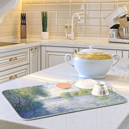 Watercolor River Trees Dish Drying Mat for Kitchen Counter Super Absorbent Draining Mat with Non-slip Backed Dishwashing Mat for Dish Bottles Cups Bowl Countertops Sinks Draining Racks