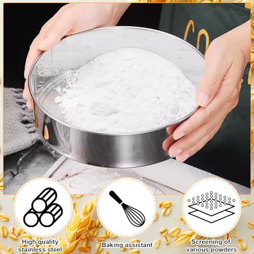 2 Pcs Round Flour Sieve Stainless Steel Round Flour Sifter 8 Inch and 6 Inch 60 Mesh Fine Mesh Flouring Sieve for Baking Cake Bread
