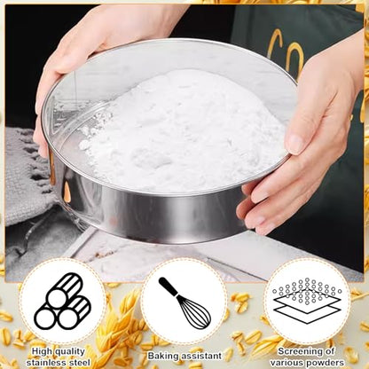 2 Pcs Round Flour Sieve Stainless Steel Round Flour Sifter 8 Inch and 6 Inch 60 Mesh Fine Mesh Flouring Sieve for Baking Cake Bread