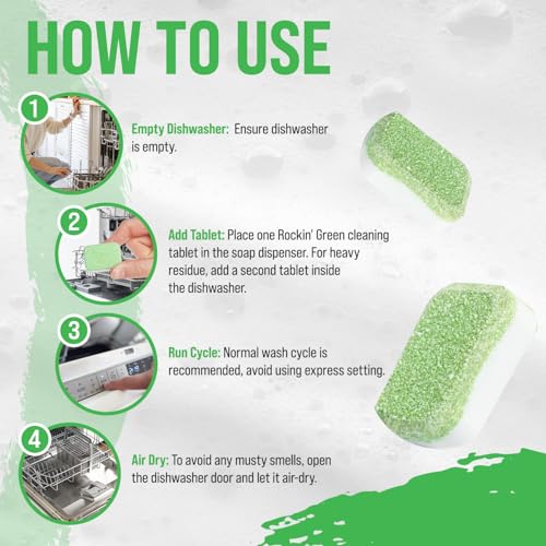 Rockin' Green Deep Cleaning and Deodorizing Tablets for Dishwashers, Washing Machines, and Garbage Disposals, Removes Odor and Residue (Dishwasher Cleaning Tablets, 24 Pack) - size: 1 Count (Pack of 24), style: Dishwasher Cleaning Tablets