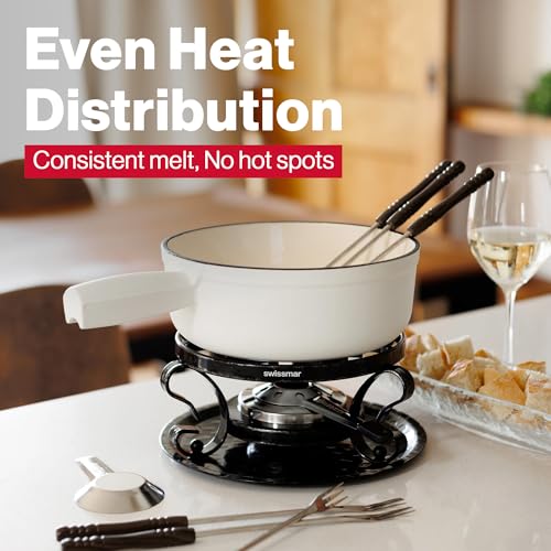 Swissmar Lugano Cast Iron Cheese Fondue Set, 9-Piece, 2 QT / 2 L - Ideal for Melting Cheese, Chocolates, Caramel, & More - Perfect for Kitchen Collection & Gift Giving - Matte White - color: Matte White