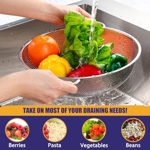 E-far 5-Quart Stainless Steel Colander, Micro-Perforated Metal Colander Strainer with Handle for Kitchen/Draining Pasta/Rinsing Vegetables Fruits, Heavy Duty & Dishwasher Safe - 11 Inches - size: 5 QT
