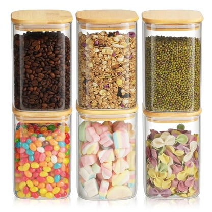 6 Pack Glass Pantry Storage Jars - 37oz Airtight Food Storage Containers Set with Bamboo Lid Labels, Square Kitchen Pantry Canister Organizers for Cookies Candy Coffee Bean Sugar Tea Spice Cereal - size: 37oz*6