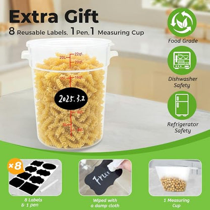 BIEAMA 4 Pack 22 Qt Round Food Storage Containers with Lids, Translucent PP | Include lids, labels, measuring cups and containers with capacity markings for food prep, pantry storage and dough proofing. - color: 22Qt Round-4 Pack