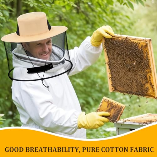 Beekeeping Gloves Hats Set 2 Thick Goatskin Leather Bee Gloves with Ventilated Sleeves and 2 Pack Beekeeping Fencing Veil Mosquito Hats Netting Sun Head Net Hat with Hidden Net Mesh Mask (Set of 2)