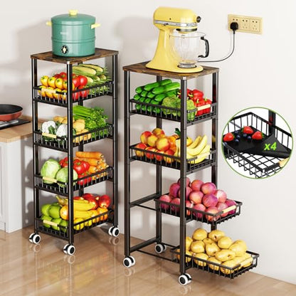 Fruit Vegetable Storage Basket for Kitchen, 5 Tier Large Pull-Out Metal Wire Baskets with 4 Pack Mats Bottom, Wood Top and Wheels, Vegetable Produce Bins Stand Cart Rack for Onions and Potatoes - color: 5 Tier-black With Four Mats and Wood Top
