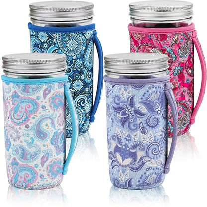 KJQJLY 4 Pcs Mason Jars Sleeves Neoprene 24oz Regular and Wide Mouth Mason Jar Sleeves Holder with Handle (Paisley, 24 OZ) - color: Paisley, size: 24 OZ