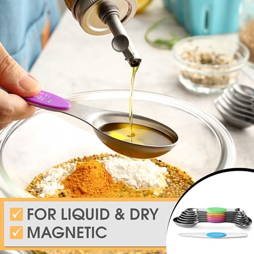 Spring Chef Stainless Steel Magnetic Measuring Spoons Set of 8 with Leveler, Nesting Metal Teaspoon & Tablespoon Measuring Spoons, Kitchen Gadgets for Baking & Cooking, Fits in Most Spice Jars - Neon - color: Neon, size: 1-Pack