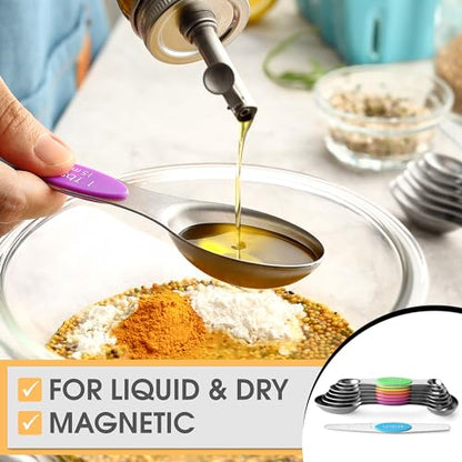 Spring Chef Stainless Steel Magnetic Measuring Spoons Set of 8 with Leveler, Nesting Metal Teaspoon & Tablespoon Measuring Spoons, Kitchen Gadgets for Baking & Cooking, Fits in Most Spice Jars - Neon - color: Neon, size: 1-Pack