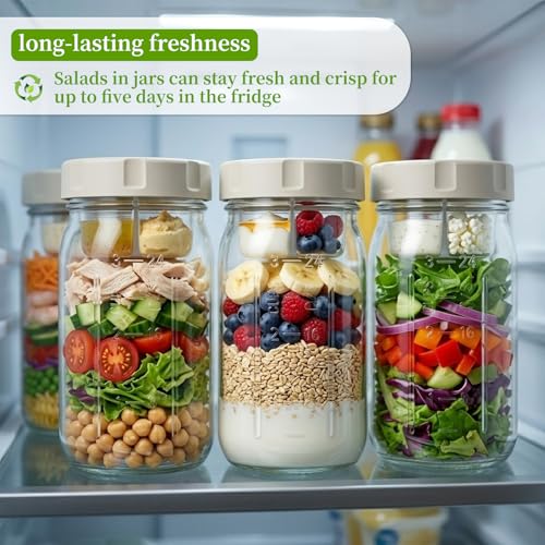 4 Pack Glass Salad Jars with Lids Meal Prep, 32oz Meal Prep Glass Salad Jars with 4 Stainless Steel Forks Wet/Dry Dressing Cups for Home, Office and Outdoor, 32oz Mason Jars