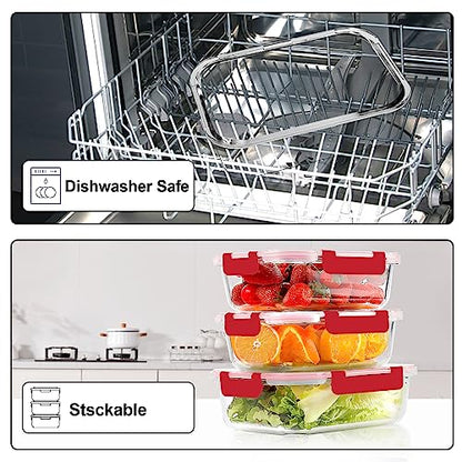 VERONES 10Pack Glass Meal Prep Containers, Airtight Glass Lunch Containers,Stackable Glass Food Storage Containers Set with Lids,Exclusive of BPA, for Microwave,Oven, Freezer&Dishwasher Friendly,Red - color: Red
