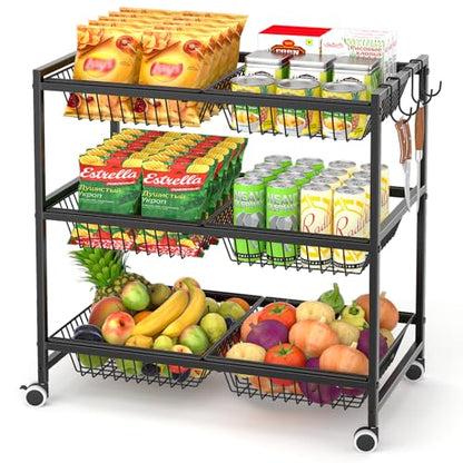 3-Tier Rolling Pantry Floor Organizer Cart with 6 Detachable Baskets, Metal Wire Fruit Basket Stand with Wheels, Kitchen Storage Cart for Fruit Vegetables, Snack Cart for Pantry Kitchen Living Room - size: 3-tier 6 baskets