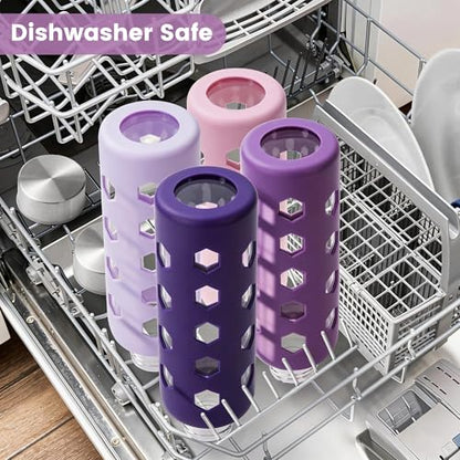 Mrsdry Glass Juice Bottles with Lids and Silicone Sleeves 18 oz, 4-Pack Reusable Clear Glass Water Bottles with Stainless Steel Airtight Cap for Juicing, Refrigerator, BPA Free Leak-Proof Drinking Jar - color: Purple