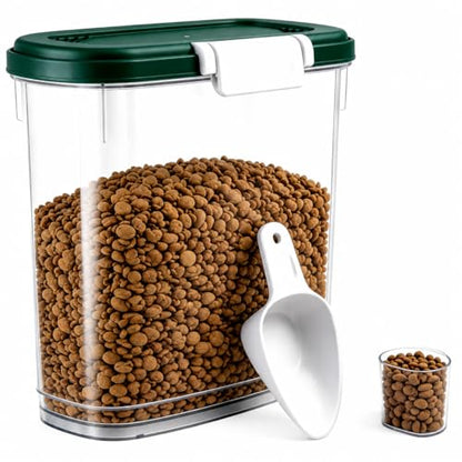 Dark Green Airtight Dog Cat Food Storage Container 10 Lbs - Slim Tall Pet Food Treat Container with Lid, Scoop and Cup - Clear Plastic Dry Food Storage Bin for Dogs, Cats, Bird Seeds, Kibble, Pellets - color: Dark Green