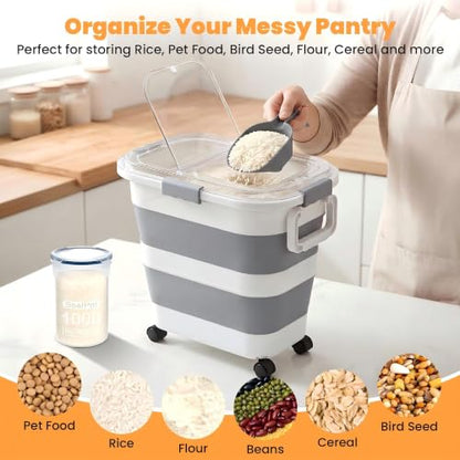 30 Lbs Rice Storage Container with Wheels, Collapsible Airtight Dog Food Storage Container with Transparent Lid, Measuring Cup, Scoop, Handle, BPA Free Rice Holder for Pet Food, Grain, Bird Seed - color: Grey/30lbs