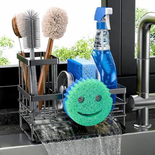 Cisily Sink Caddy Sponge Holder for Kitchen with Brush Holder and Stainless Steel Self Drain Tray, Rustproof Kitchen Sink Organizer for Sponge, Soap Dispenser Storage Accessories - color: Black With Smiley Face, size: 8.26''