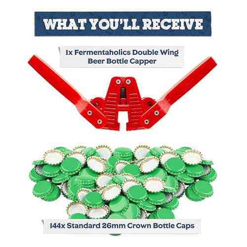 Fermentaholics Beer Bottle Capper & Lid Set – Double Wing Manual Capping Tool with 144 Crown Caps – Fits Standard 12 oz & Homebrew Beer Bottles (Capper & Lid Set -144 Green Crown Caps) - size: Capper & Lid Set -144 Green Crown Caps