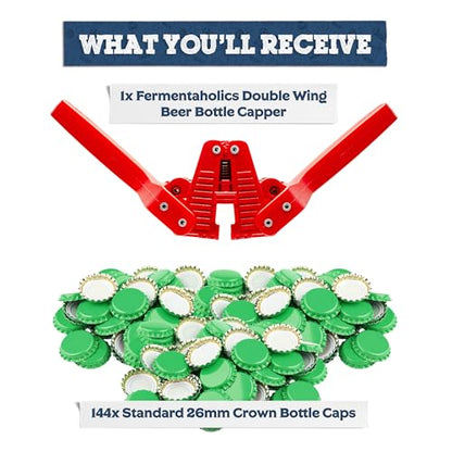 Fermentaholics Beer Bottle Capper & Lid Set – Double Wing Manual Capping Tool with 144 Crown Caps – Fits Standard 12 oz & Homebrew Beer Bottles (Capper & Lid Set -144 Green Crown Caps) - size: Capper & Lid Set -144 Green Crown Caps