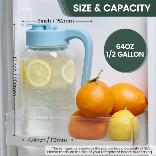 Mason Jar Pitcher - Airtight & Leakproof Glass Pitcher with Lid, Perfect for Breastmilk, Cold Brew, and Sun Tea, 2 Quart (64 oz) Mason Jar with Pour Spout Lid - color: Sky