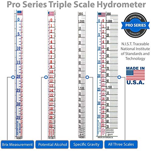 Brewing Hydrometer Alcohol Tester Kit: USA-Made Beer & Wine American-Made Specific Gravity ABV Test Pro Series Traceable & Borosilicate Glass Test Tube Jar & Brush