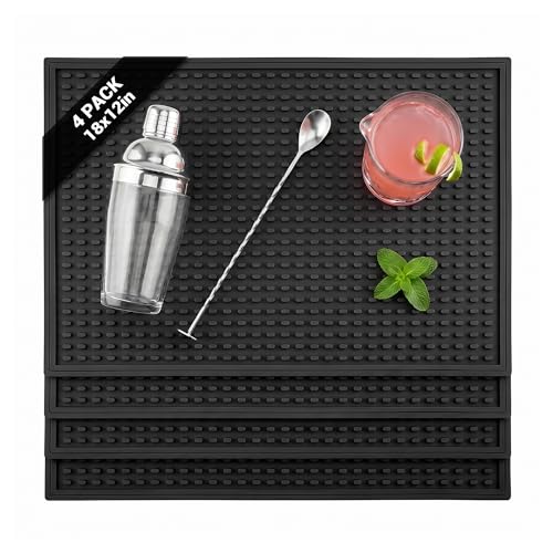 Rubber Bar Mat for Counter, Black 4 Pack 12"x18" grip-friendly Coffee Bar Mat, Heat Resistant & Spill-proof Countertop Protector Mat for Kitchen, Home Bar, Coffee Station, Easy Clean Dish Drying Mat - color: Black-BK-4Pcs, size: 18" x 12"