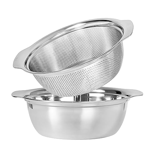 Paoli 304 Stainless Steel Fine Mesh Colander Set, 4QT Large Capacity Strainer with Mixing Bowl — Rinse Fruits, Veggies, Rice & Drain Pasta, Dishwasher Safe (2-Piece) - color: Primary color with handle, size: 4qt