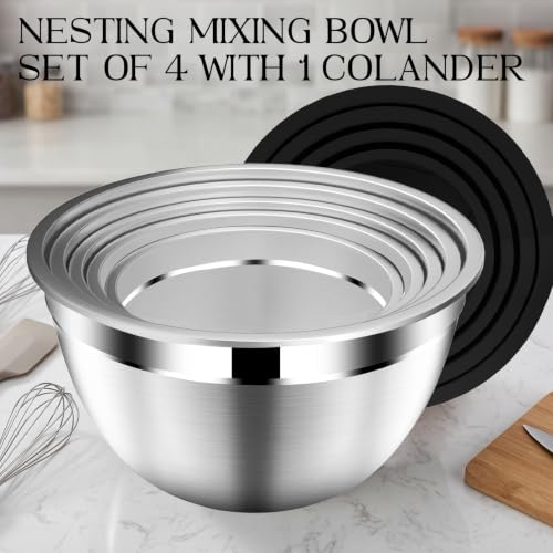 DUTZUN Mixing Bowls with Lids Set, Stainless Steel Mixing Bowls with Colander, Strainer with Mixing Bowl Set, Serving Bowl Kitchen Gift, Size 4.5, 2.5, 2, 1.5QT - Black - style: 9PCS Black