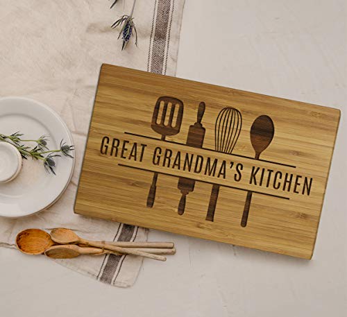 Andaz Press Large Bamboo Wood Cutting Board Gift, 17.75 x 11-inch, Great Grandma's Kitchen, Utensils Graphic, 1-Pack, Laser Engraved Serving Chopping Board Christmas Birthday Chef Kitchen Ideas - color: Great Grandma