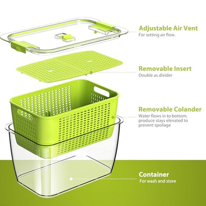 LUXEAR Fresh Container, 3PACK Produce Saver Container BPA Free Fridge Organizer for Vegetable Fruit and Salad Partitioned Food Storage Container with Vents Stay Fresh Containers Not Dishwashers Safe - color: Green