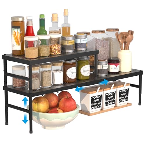 2 Pack Expandable adjustable stackable kitchen organizer,Spice Racks,Counter Shelf for Cabinets,Small Cupboard Organizers,Heavy Duty Metal Pantry Storage Shelves Racks for kitchen,cabinet, bathroom - color: Black 2 Pack