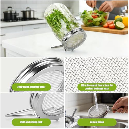 2 Pcs Sprouting Lids for Wide Mouth Mason Jars, Stainless Steel Reusable One-Piece Sprouting Jar Lids Kit with Built-In Stand, Seed Germination Sprouts Growing Kit for Organic Alfalfa & Mung Bean - size: 86mm (2 pcs)