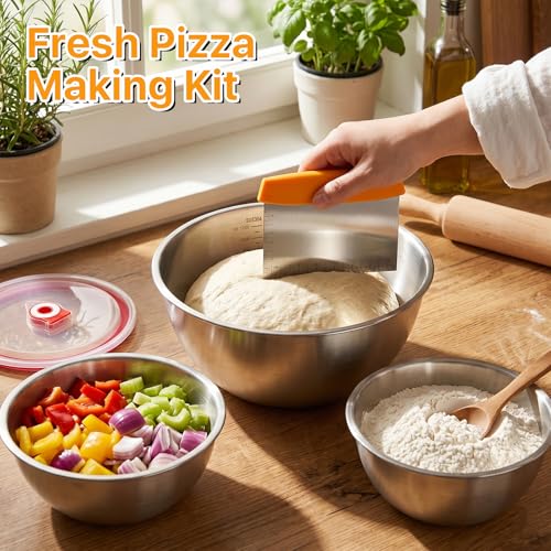 Supkiir 3 Pack Pizza Dough Proofing Containers, 24oz/41oz Stainless Steel Proofing Box with Clear Airtight Lids, Stackable Pizza Dough Bowl Set Includes Cutter for Fermentation of Sourdough & Bread