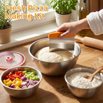 Supkiir 3 Pack Pizza Dough Proofing Containers, 24oz/41oz Stainless Steel Proofing Box with Clear Airtight Lids, Stackable Pizza Dough Bowl Set Includes Cutter for Fermentation of Sourdough & Bread