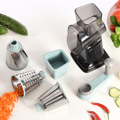 Rotary Cheese Grater with Handle Kitchen Shredder Slicer Grater Slicer Ice Shaver Cheese Vegetable Nuts Potato Zucchini Chocolate 3 Interchangeable Blades (GreyBlue) - color: Blue