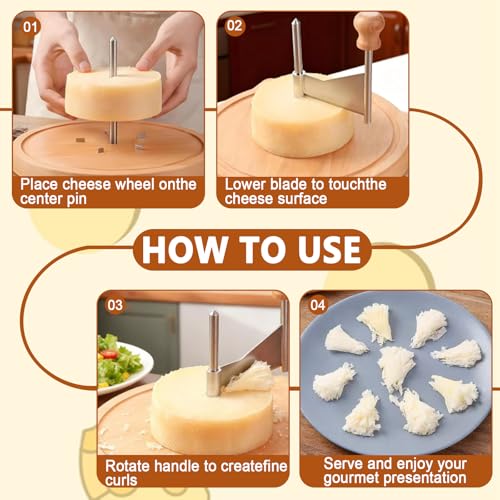 Cheese Curler Wheel, Stainless Steel Cheese Curler Wheel, Handheld Rotary Stainless Cutter Steel Blade and Wooden Base for Home Restaurants Cafes Bakery Dessert Shops